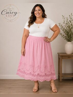 La Rea Collection Pink Embroidered Ramie Skirt | Eyelet Hem | Size 4X Summer